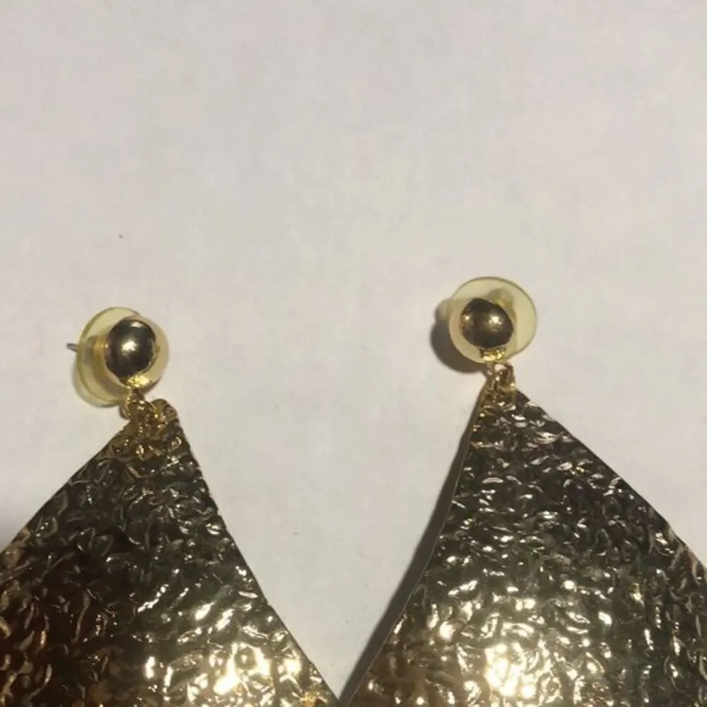 VTG 80s Gold Hammered Metal‎ Diamond Dangle Earrings Retro Statement